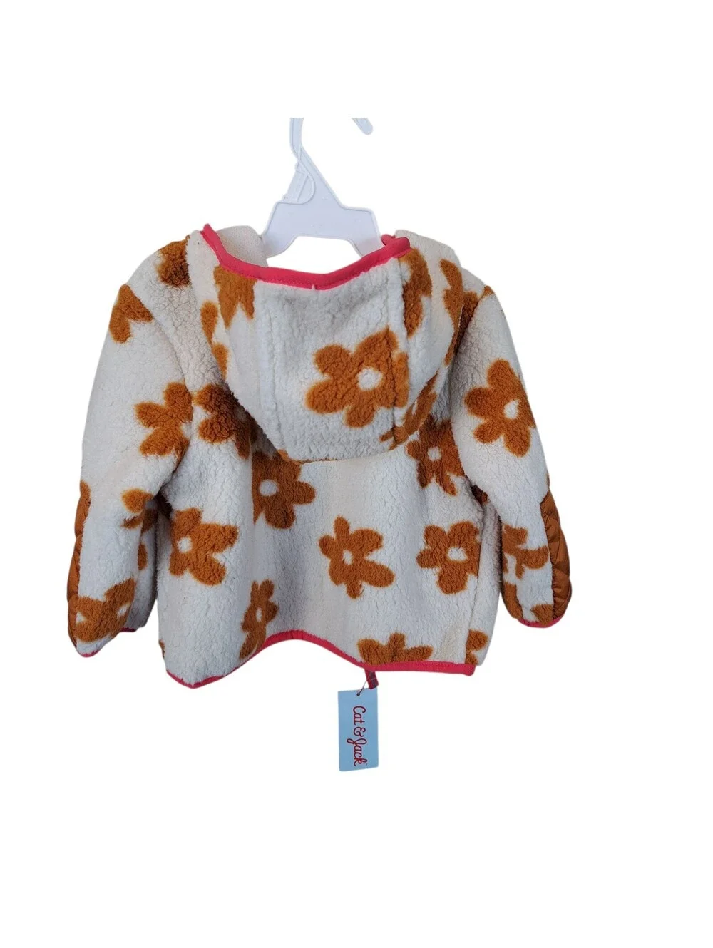 Cat & Jack Zip Up Fuzzy Neutral Flower Hooded Jacket Winter Fall 12M Toddler
